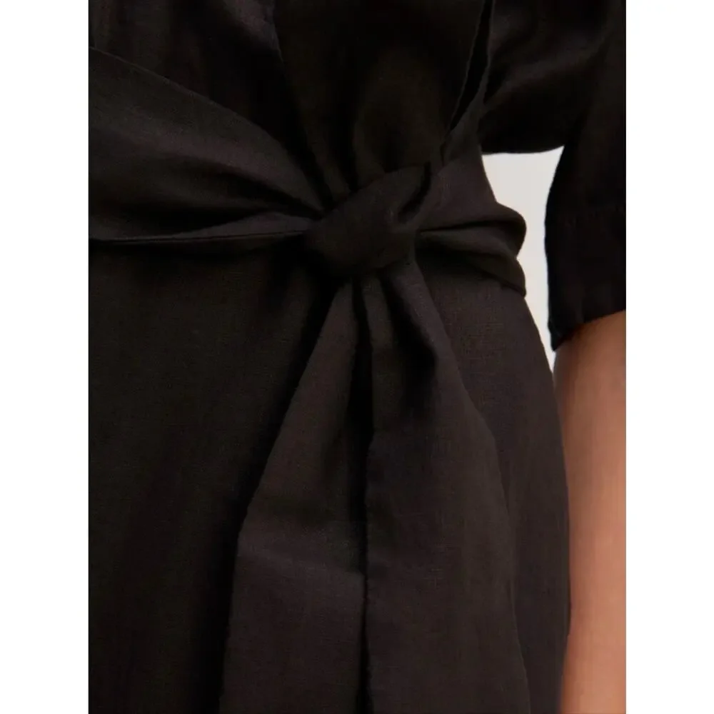 NEW Everlane The Wrap Linen Black Wrap-Front Wide-Leg Short Sleeve Jumpsuit 8